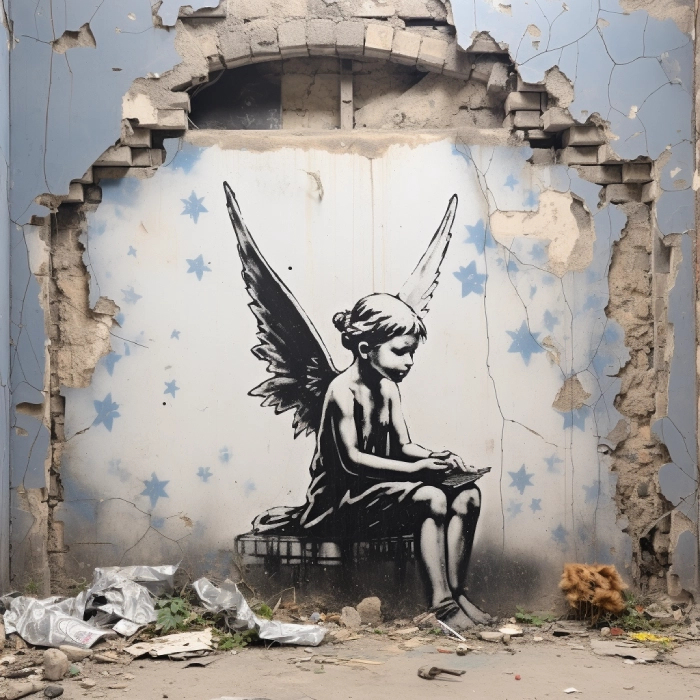 a picture of Banky's artwork by artificial intelligence.  It is a winged little girl surrounded by rubble.